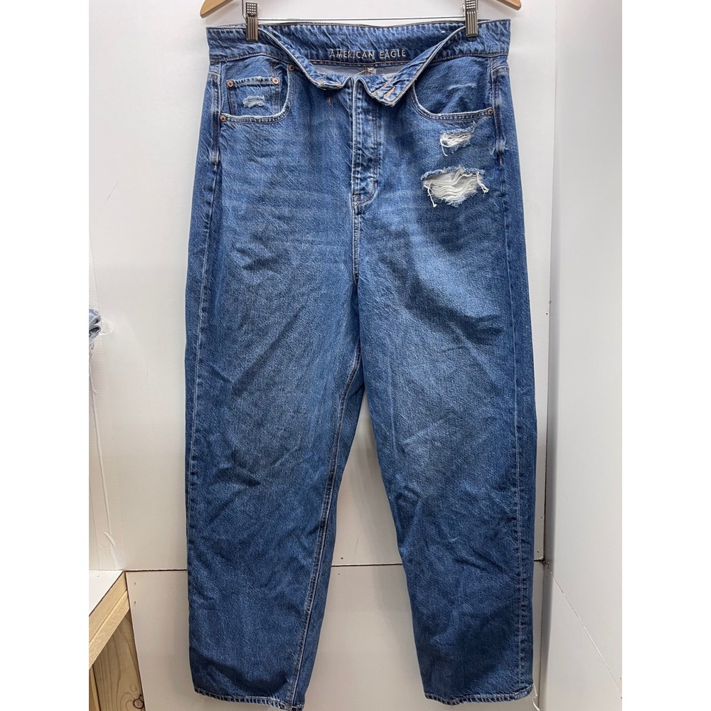 American Eagle Distressed Mom Jeans 16 Short Denim Frayed Hem Foldover Waist